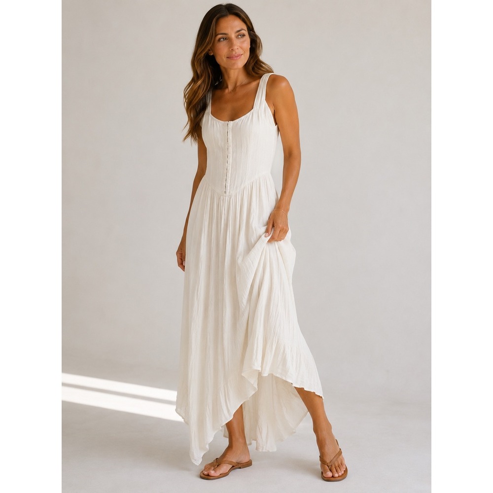 Womens White Gauzy Strap Midi Boho Sun Dress Strap Sleeveless Asymmetrical Hem
